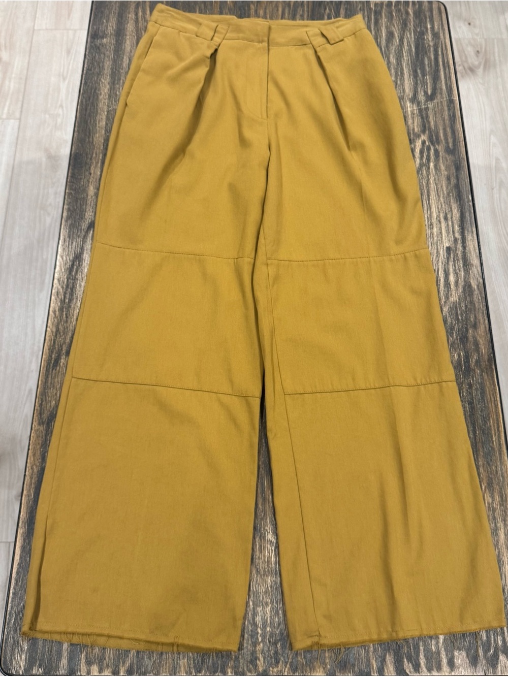 Topshop Wide Leg Pants Womens 10 Mustard Tan Pleated High Rise Raw Hem